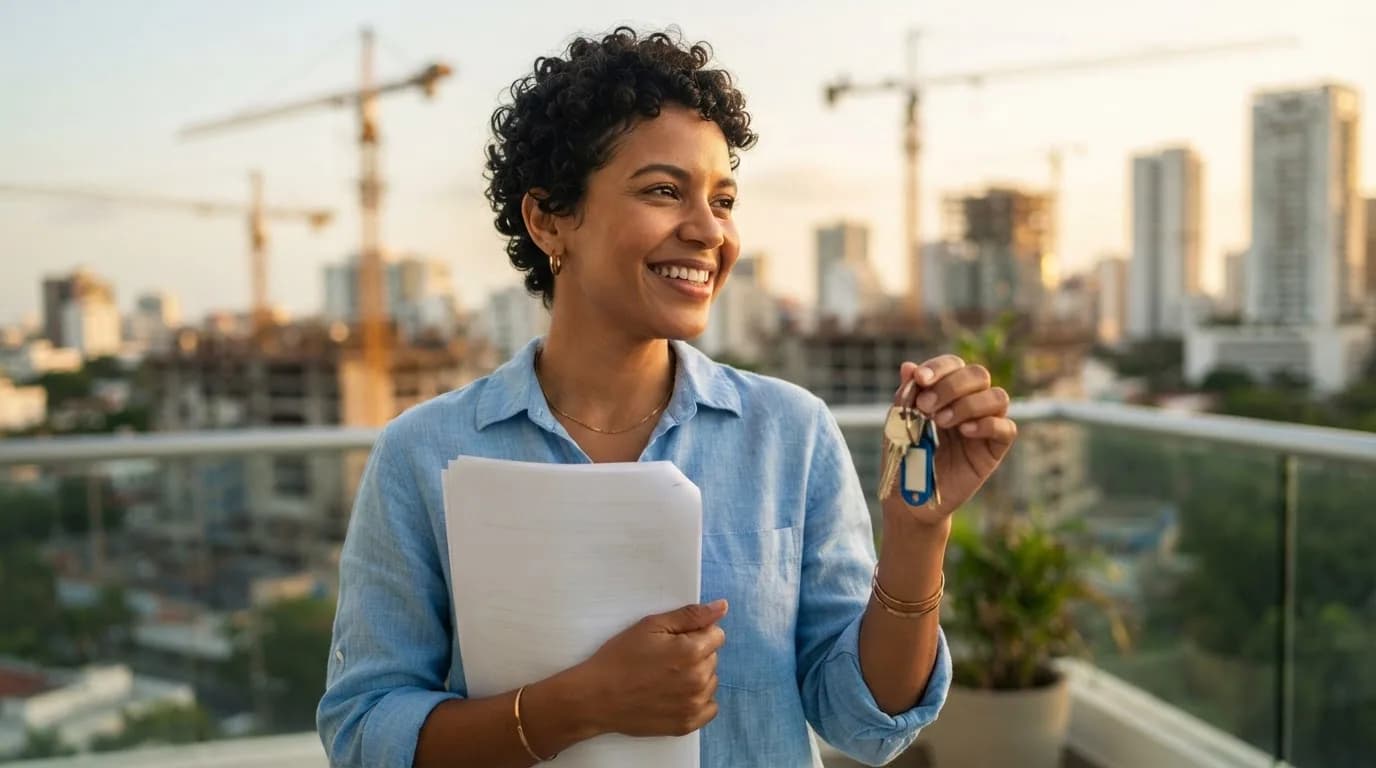 Mujer dominicana sosteniendo llaves de apartamento y documentos de propiedad con proyectos en construcción al fondo en Santo Domingo