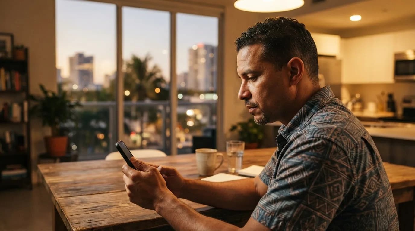 Hombre dominicano en Miami mirando su teléfono con expresión reflexiva mientras busca propiedades en Constanza desde el extranjero