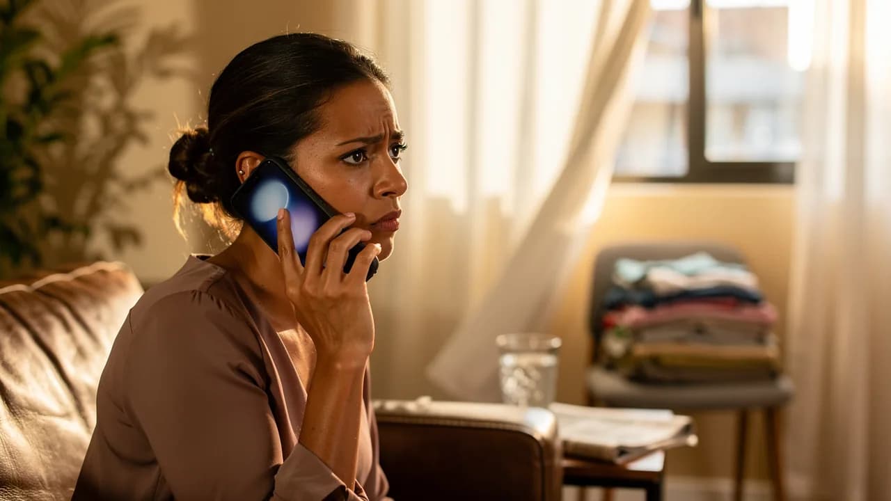 Mujer dominicana recibiendo llamada telefónica de agente inmobiliario con expresión de desconcierto en su rostro