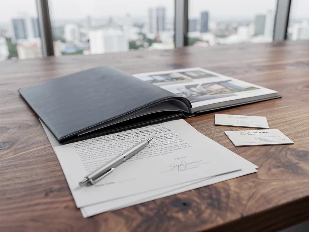 Professional documents and property portfolio on real estate office desk showing transparency and professionalism