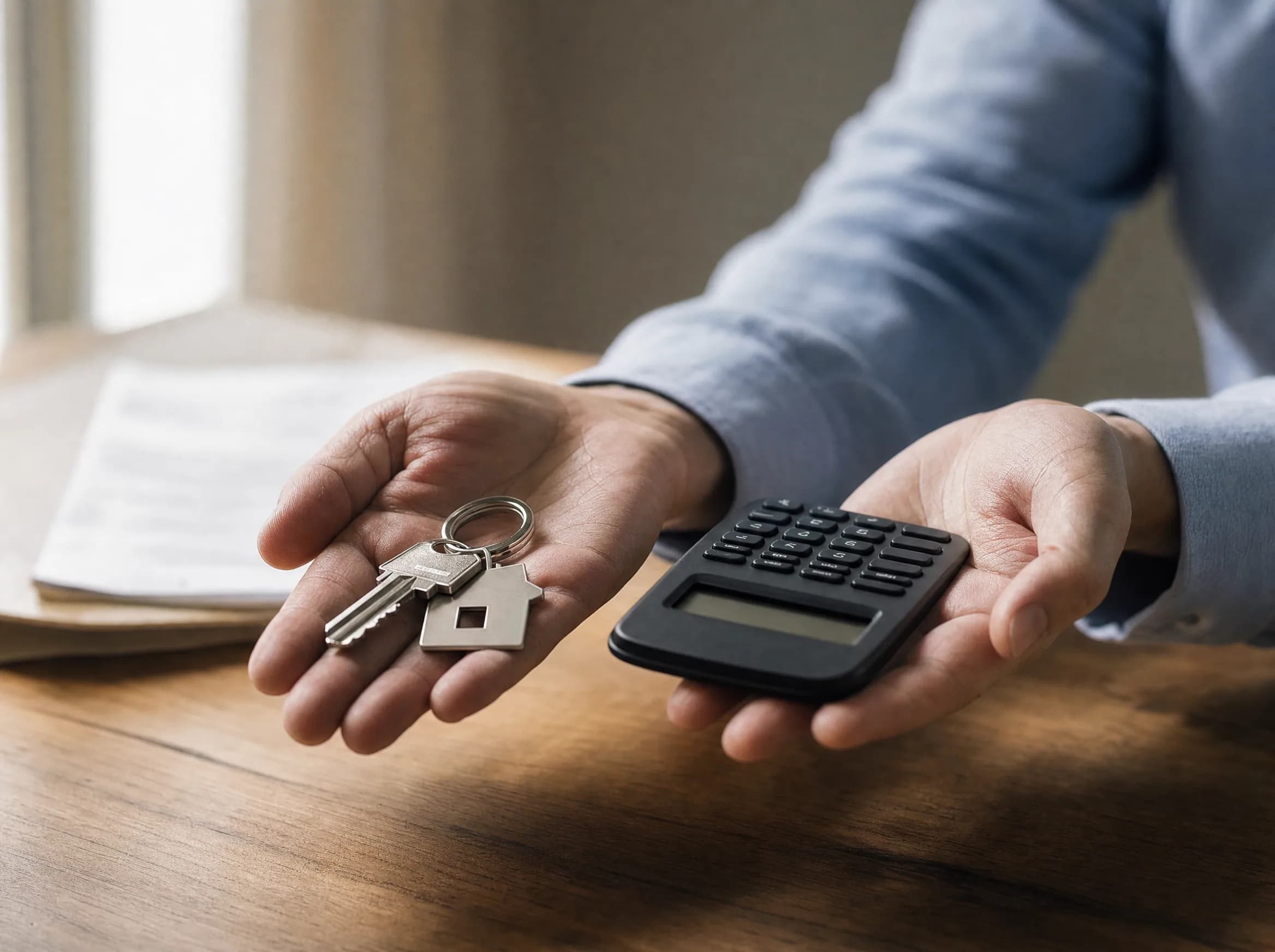 Primer plano de las manos de un agente inmobiliario sosteniendo llaves de apartamento y una calculadora, simbolizando la importancia de entender tanto la propiedad como los aspectos fiscales en República Dominicana