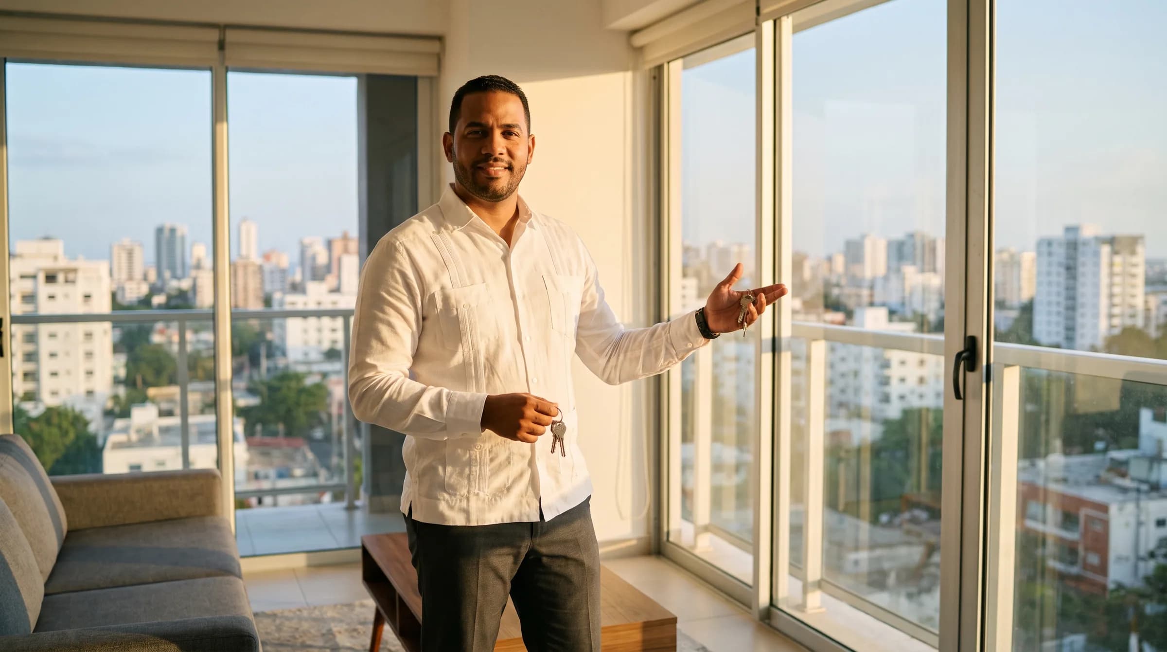 Agente inmobiliario dominicano profesional sosteniendo llaves en apartamento moderno de Piantini, transmitiendo confianza y experiencia