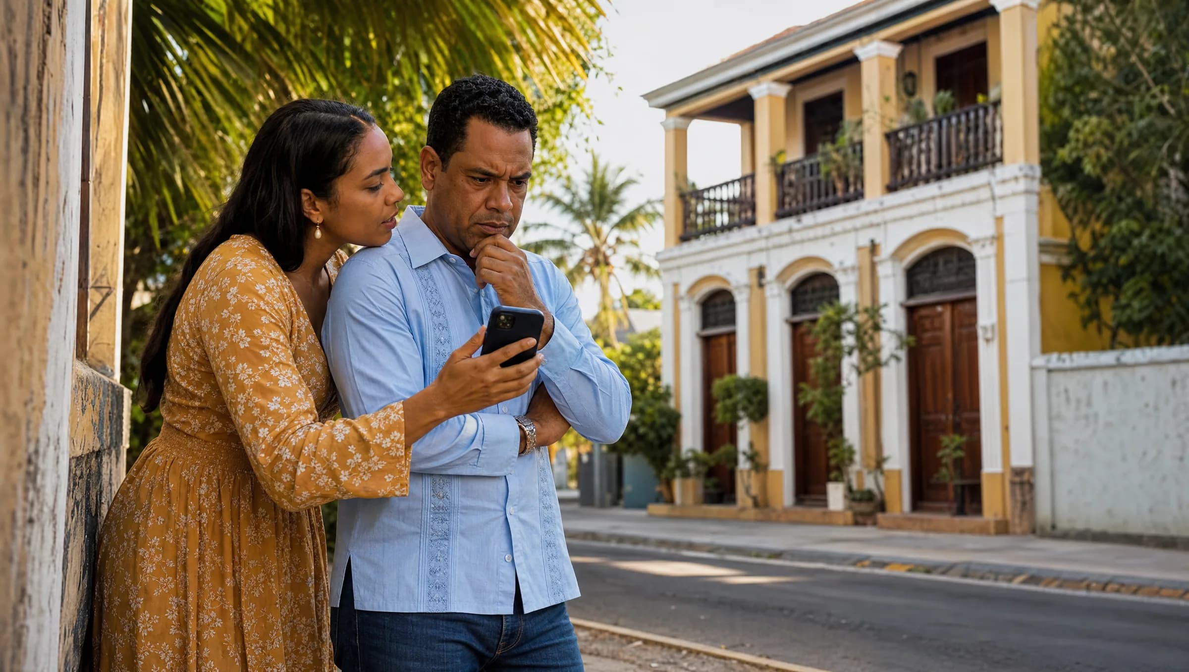 Un hombre dominicano preocupado observa una casa mientras su hermana le muestra algo en su teléfono en una calle residencial de Santiago