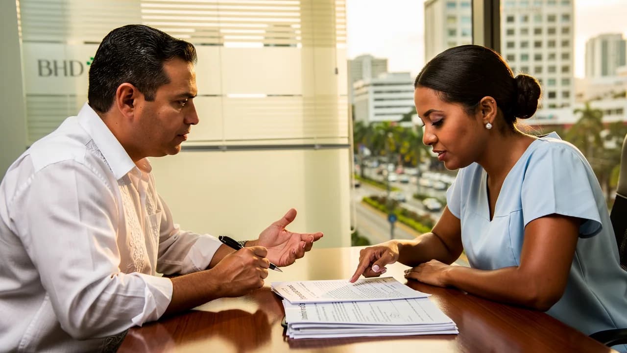 Mujer dominicana revisando documentos hipotecarios con agente inmobiliario verificado en oficina de BHD León en Santo Domingo