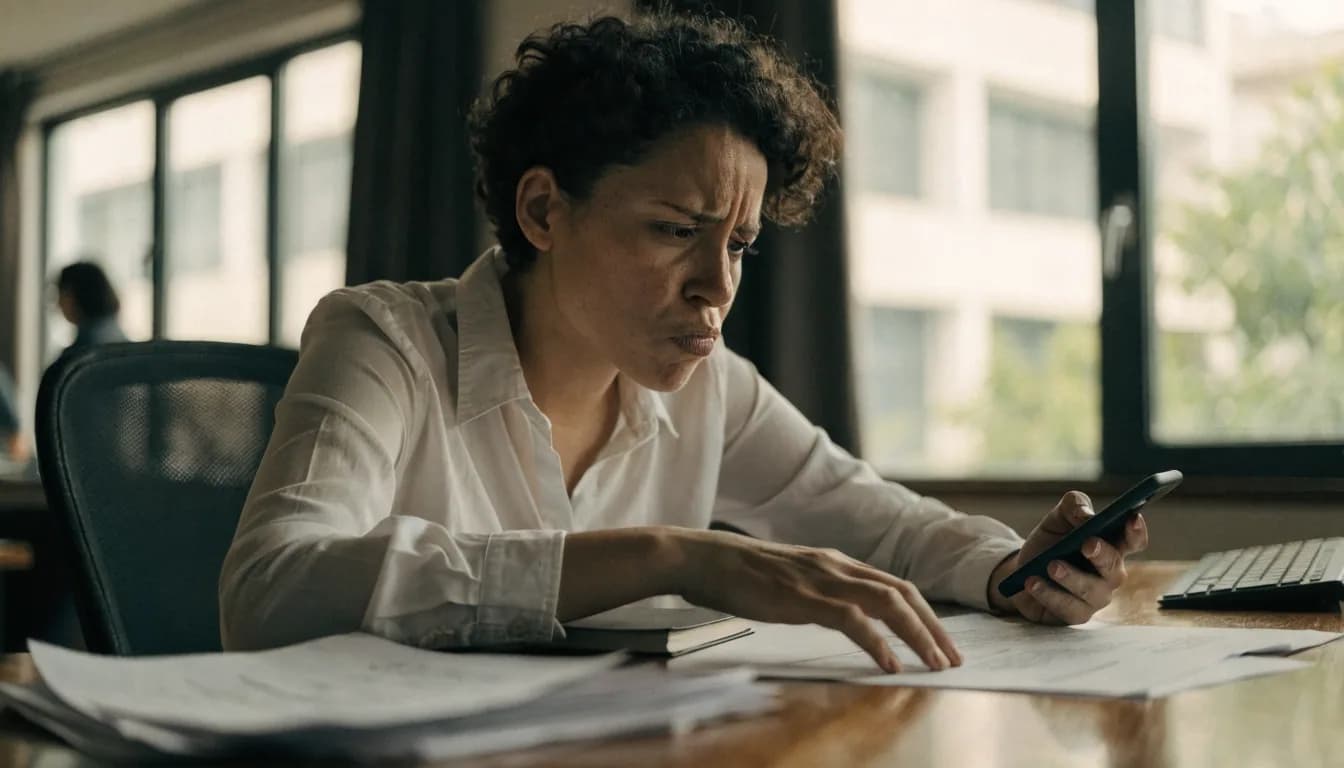 Mujer dominicana revisando documentos inmobiliarios con expresión preocupada mientras sostiene su teléfono, representando la importancia de verificar agentes antes de comprar propiedades