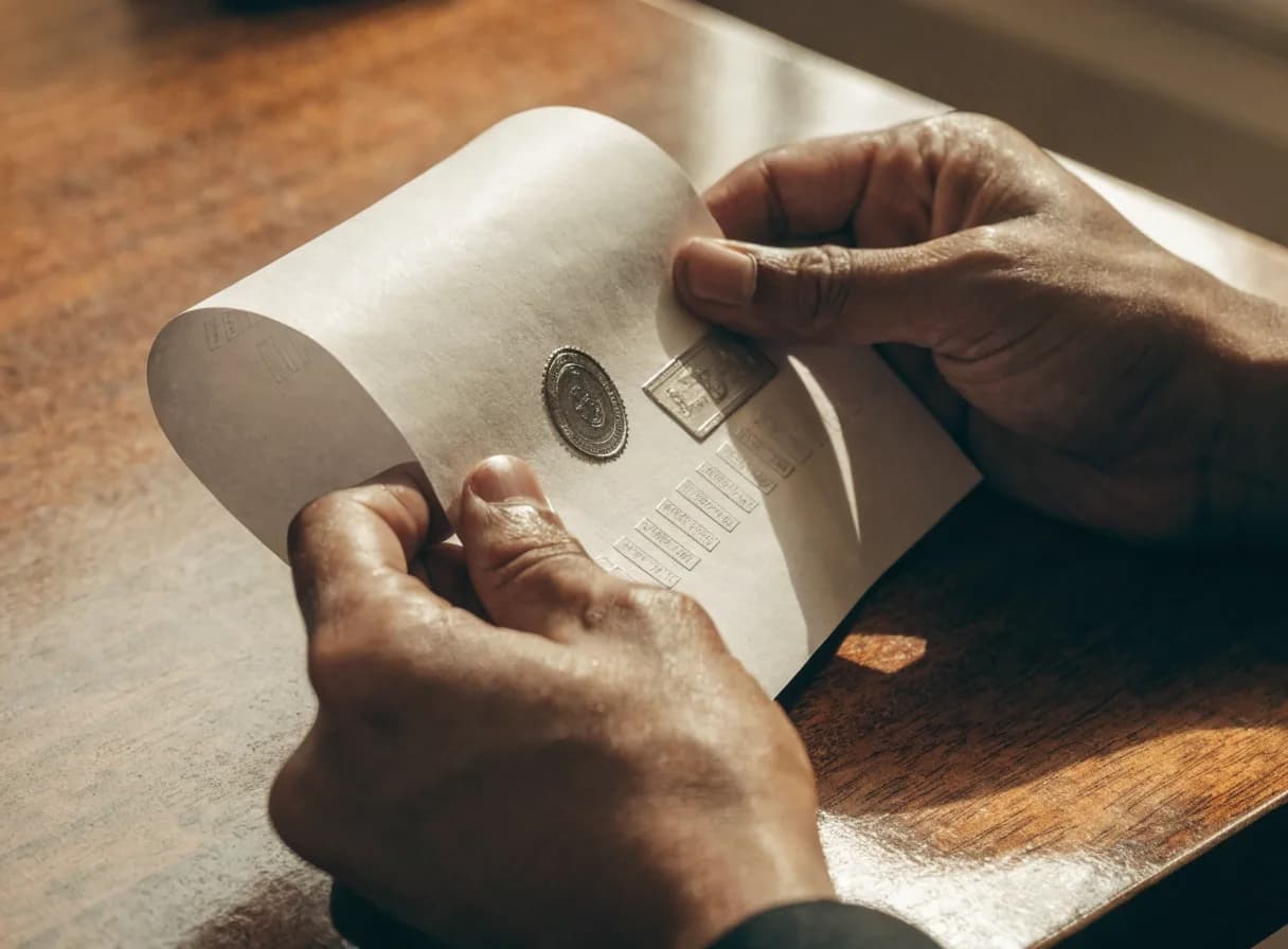 Primer plano de manos sosteniendo licencia oficial de agente inmobiliario con sellos de certificación, simbolizando la importancia de verificar credenciales profesionales