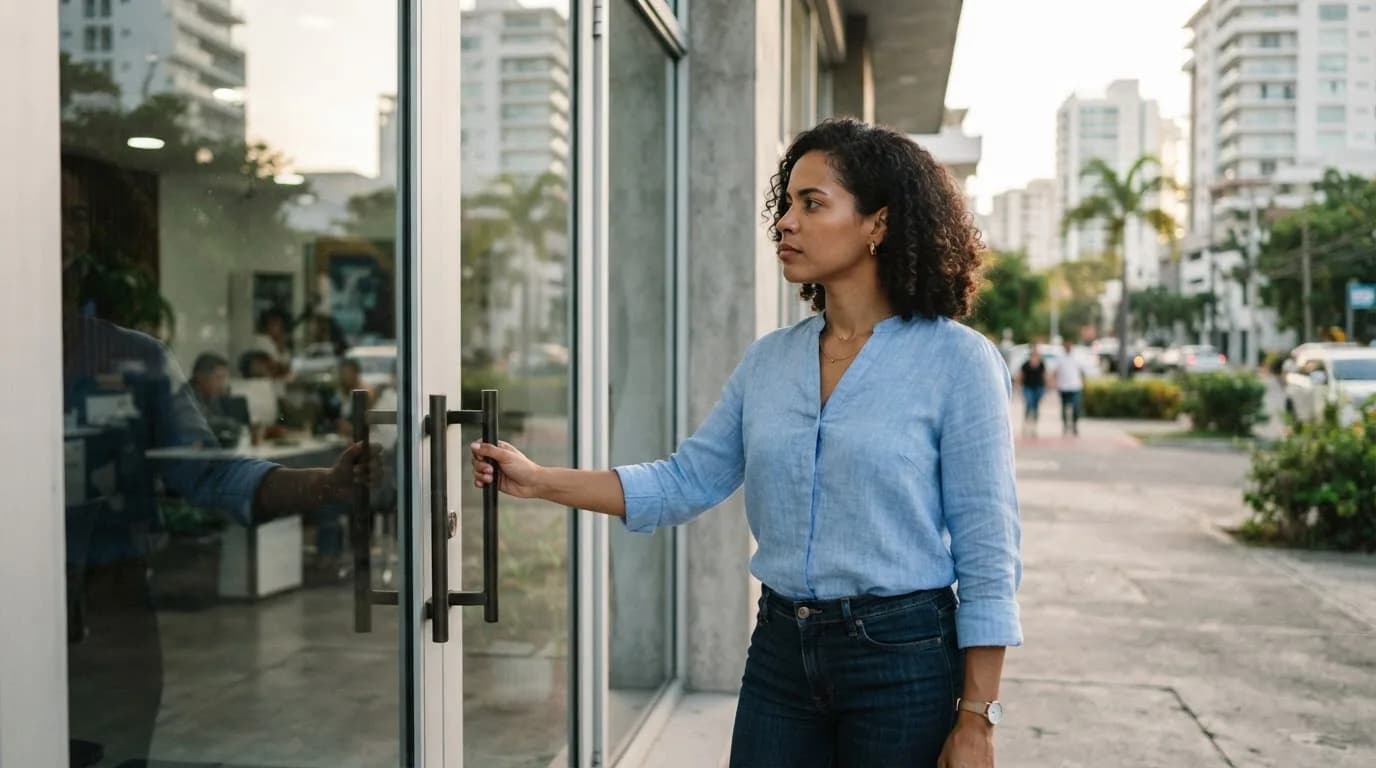 Mujer dominicana de 30 años con expresión decidida parada frente a oficina inmobiliaria en Ensanche Piantini, sosteniendo la manija de la puerta