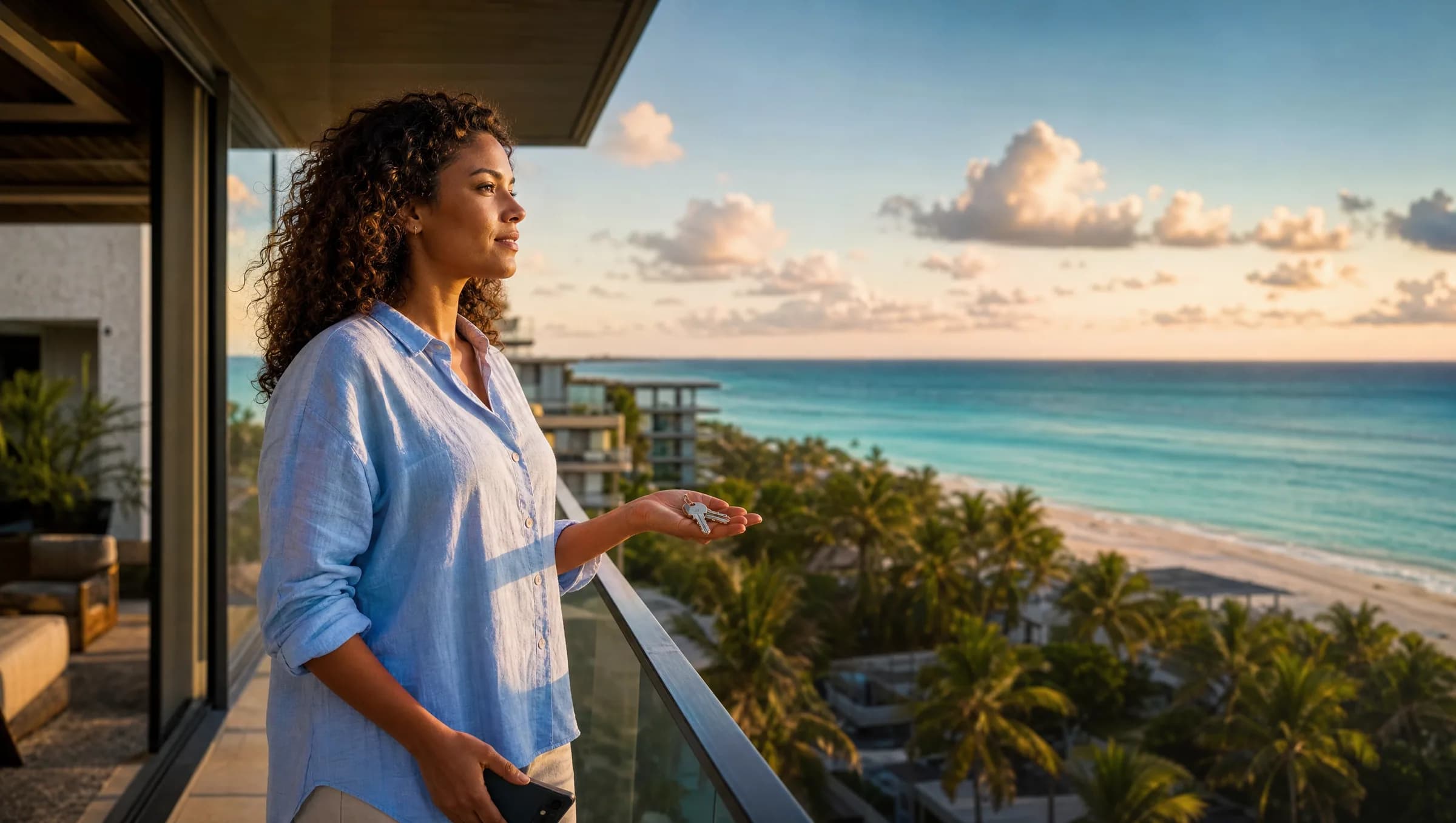 Mujer dominicana sosteniendo llaves de apartamento en balcón frente al océano de Bávaro, simbolizando la compra exitosa de propiedad desde el extranjero