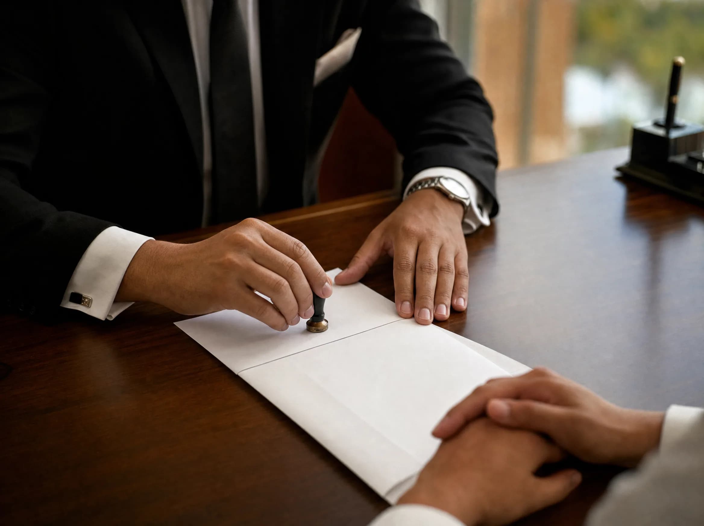 Hands of real estate lawyer applying notarial seal to legal documents during property purchase verification process