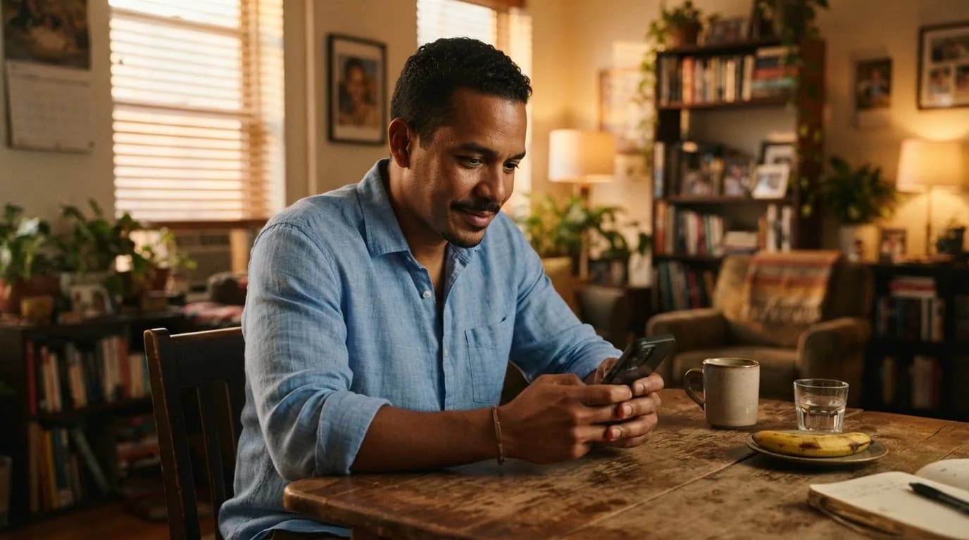 Hombre dominicano concentrado revisando opciones de propiedades en su teléfono desde su hogar en Estados Unidos