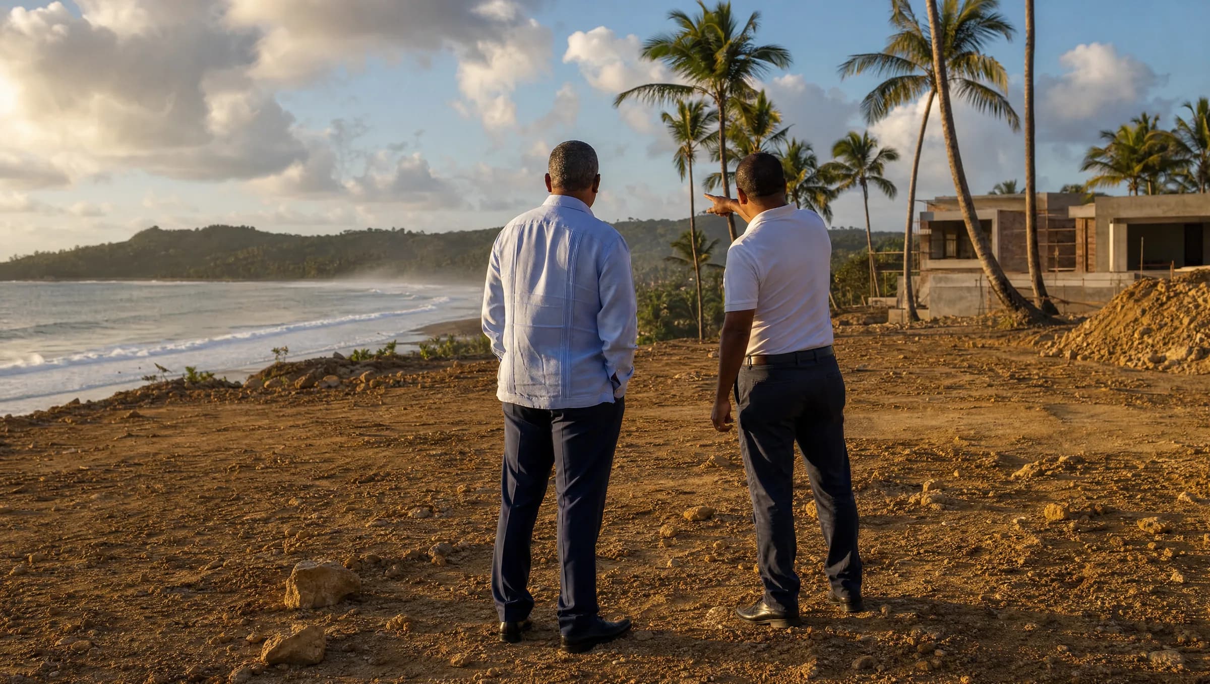 Hombre dominicano y agente inmobiliario observando terreno costero en Samaná para evaluar posibilidades de construcción frente al mar