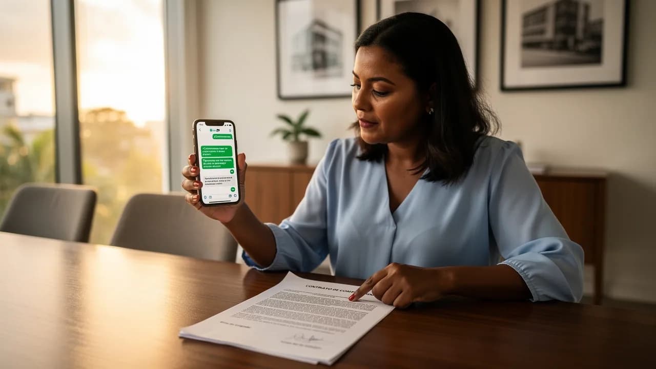 Mujer dominicana comparando un mensaje de WhatsApp con un contrato formal de opción de compra en una oficina inmobiliaria de Bella Vista