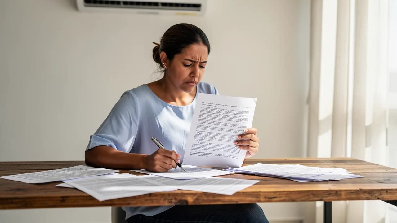 Mujer dominicana preocupada revisando contrato de alquiler en su apartamento de Naco con documentos esparcidos sobre la mesa y aire acondicionado visible al fondo