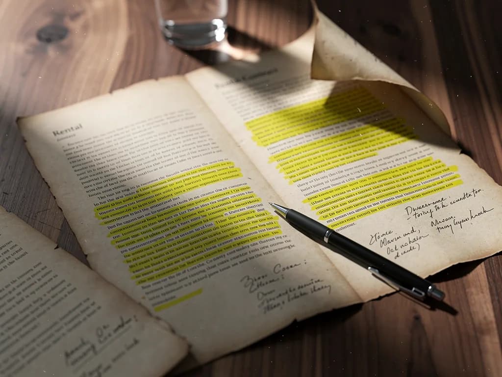 Close-up of rental contract with clauses highlighted about maintenance responsibilities and condo fees, with pen and documents in background