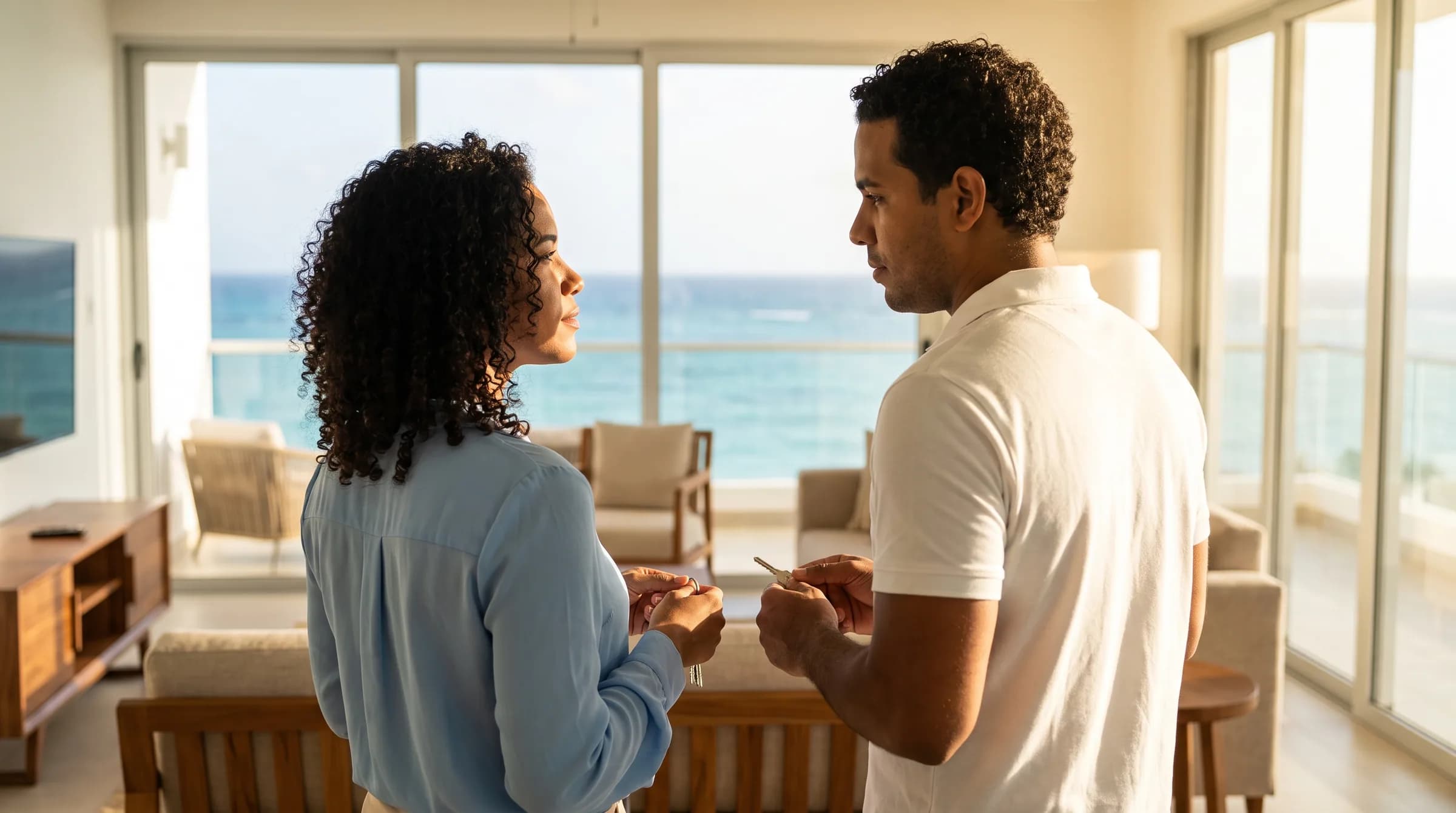 Pareja dominicana examinando apartamento moderno en Punta Cana con vista al mar mientras sostienen llaves