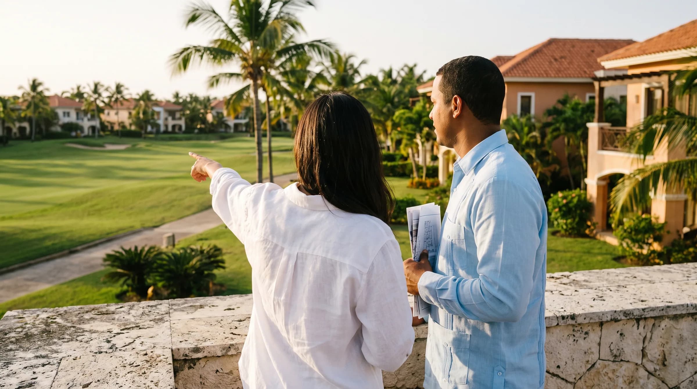 Pareja dominicana contemplando vista al campo de golf desde terraza de apartamento en comunidad residencial de Punta Cana