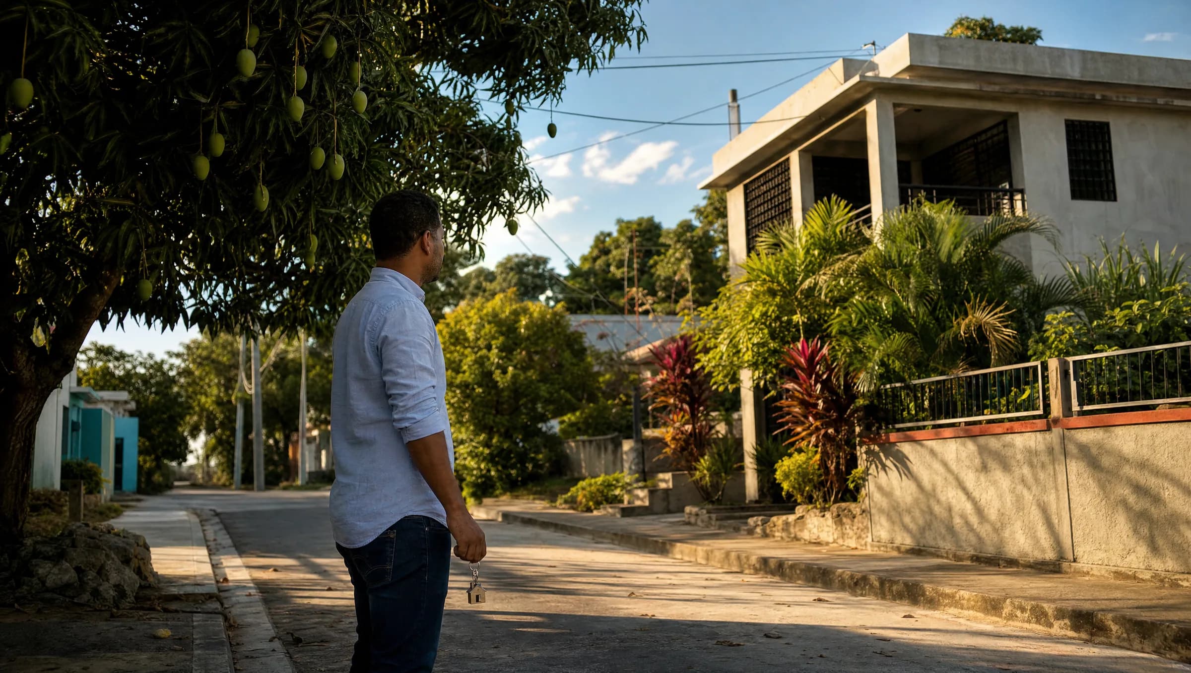 Hombre dominicano contemplando una casa en venta en un barrio residencial de Santiago, sosteniendo un llavero en forma de casa