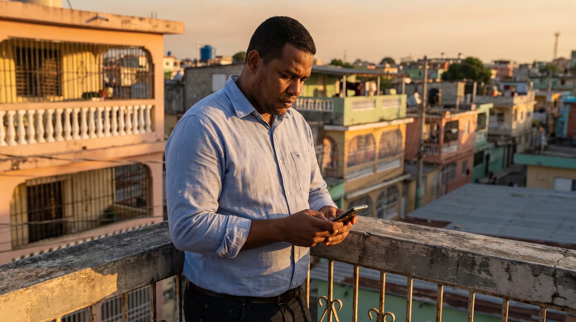 Hombre dominicano reflexionando sobre la compra de vivienda desde el balcón de un apartamento en Santo Domingo Este