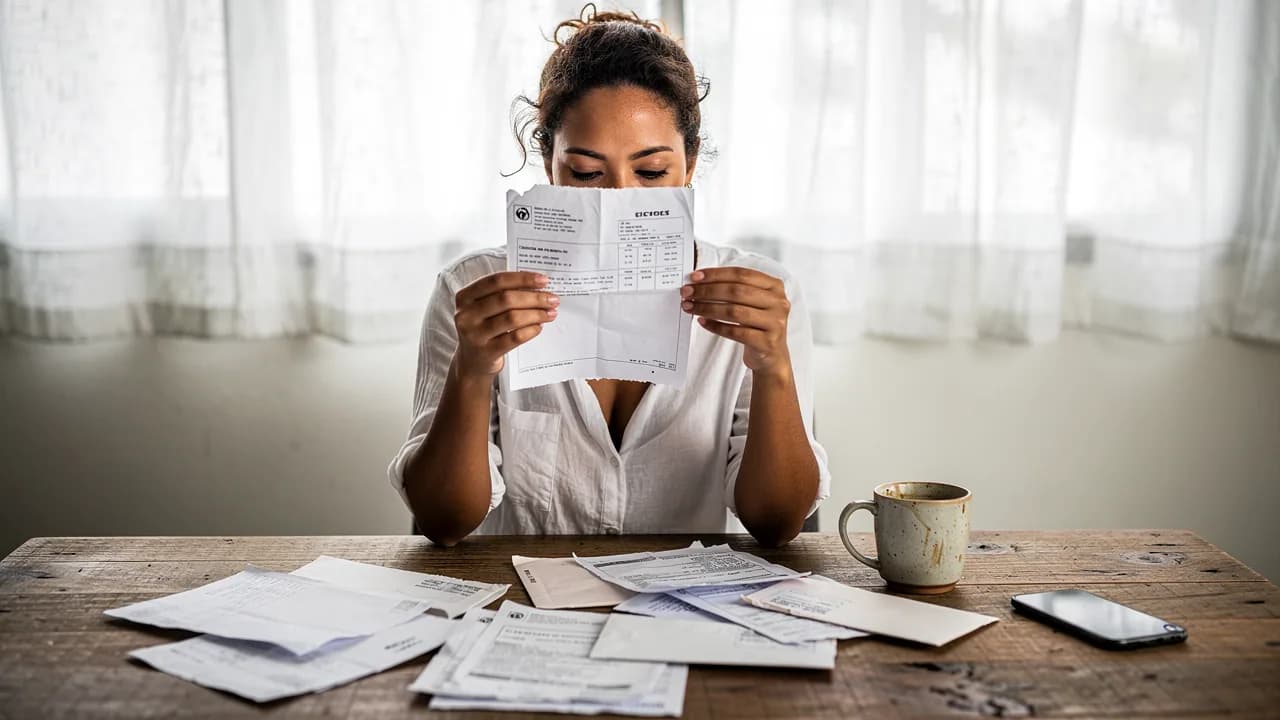 Mujer dominicana revisando con preocupación las facturas de servicios públicos en su apartamento, mostrando la sorpresa por los costos ocultos del alquiler