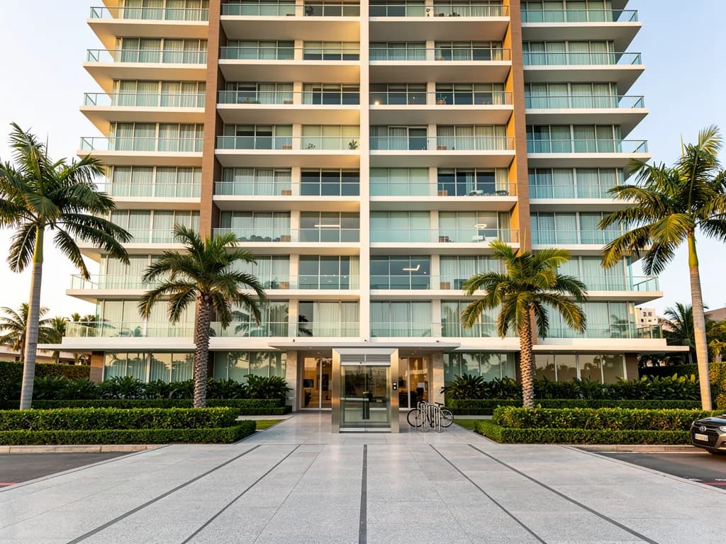 Facade of a modern residential building in Piantini representing the types of apartment complexes with high maintenance costs in Santo Domingo