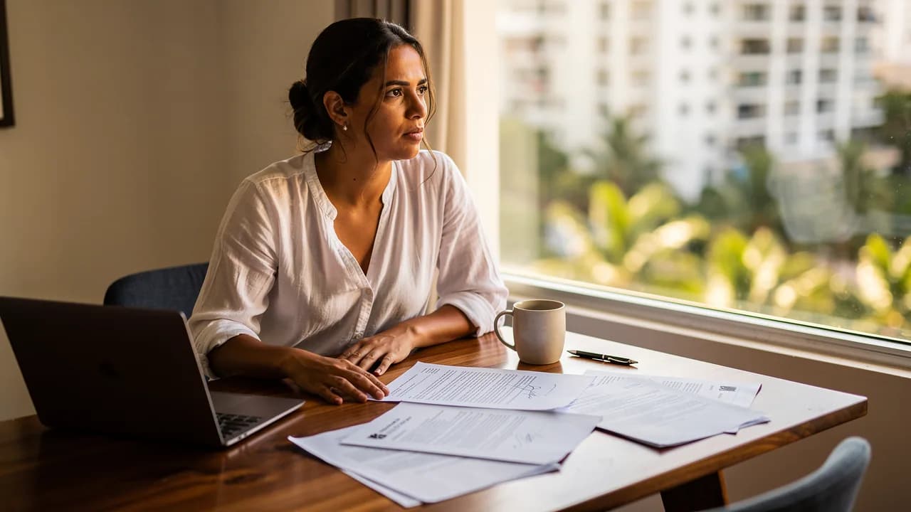 Mujer dominicana revisando documentos financieros en su laptop mientras contempla la compra de su primera vivienda desde su apartamento en Santo Domingo