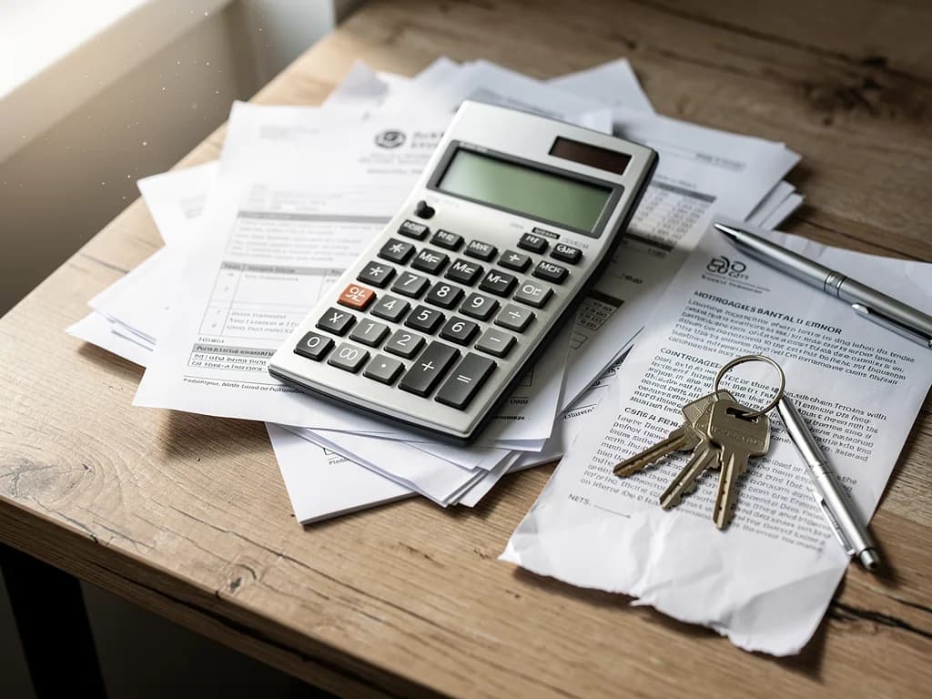 Calculadora, documentos hipotecarios y llaves de casa sobre un escritorio, representando el análisis financiero para la compra de primera vivienda