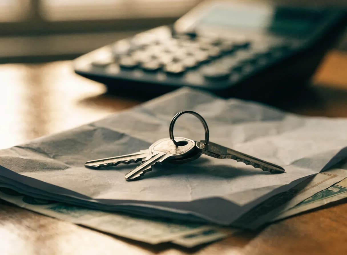 Llaves de casa sobre contrato inmobiliario doblado con pesos dominicanos, representando el depósito de separación