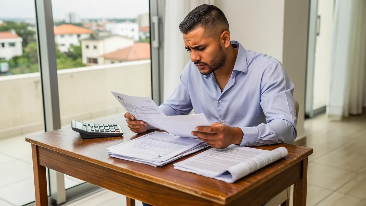 Hombre dominicano revisando documentos financieros y facturas con expresión preocupada en su apartamento de Bella Vista, Santo Domingo