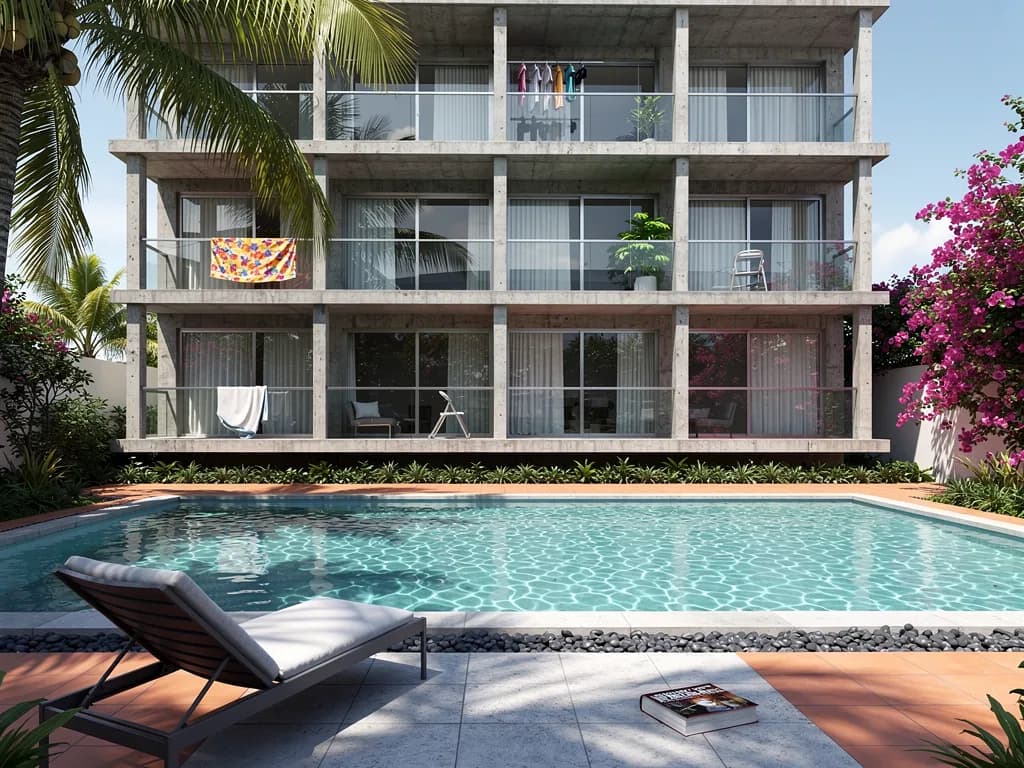 Modern residential building with apartments in Bella Vista, Santo Domingo, featuring a pool and well-maintained common areas