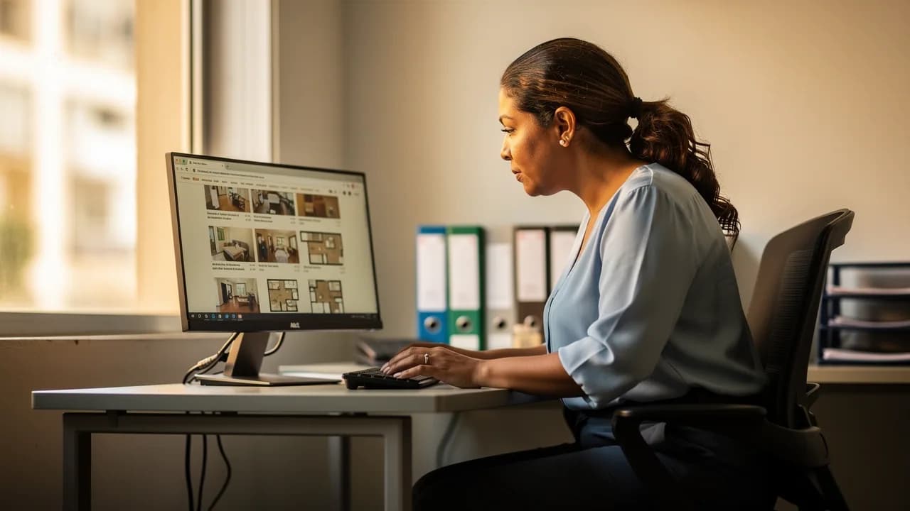 Mujer dominicana revisando portales inmobiliarios en su computadora durante la hora de almuerzo en una oficina de Santo Domingo
