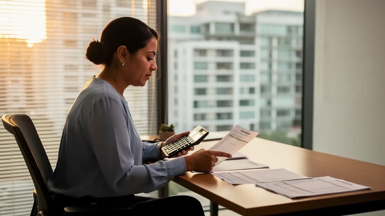 Mujer dominicana revisando documentos financieros y calculando ahorros para la compra de su primer apartamento en oficina inmobiliaria