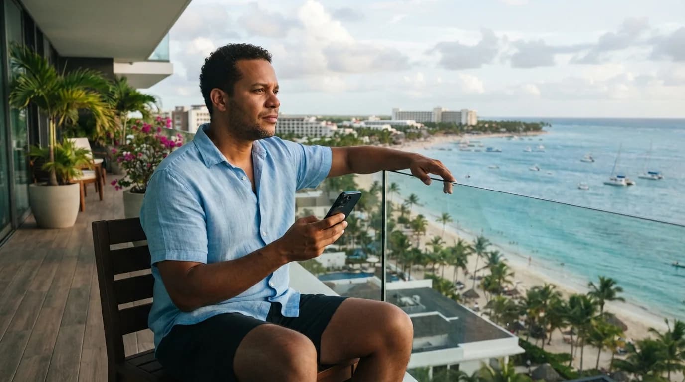 Propietario dominicano reflexionando sobre los ingresos de su apartamento de inversión desde su balcón en Bávaro