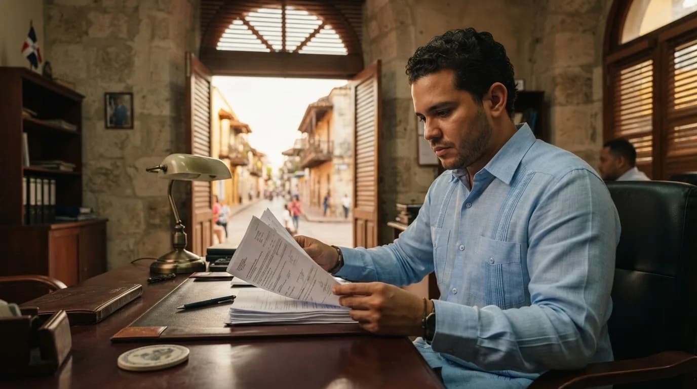 Empresario dominicano revisando documentos bancarios en oficina de banco local en Santo Domingo, concentrado en el proceso de apertura de cuenta
