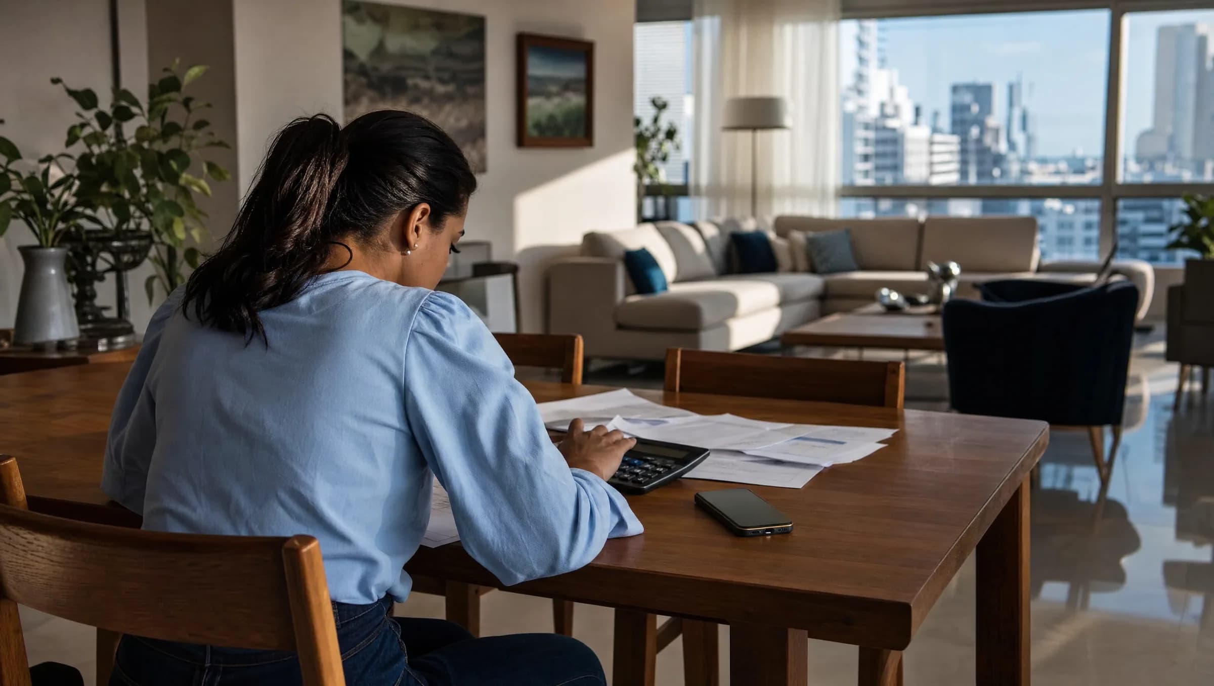 Mujer dominicana calculando cuotas hipotecarias en su mesa de comedor con documentos y calculadora