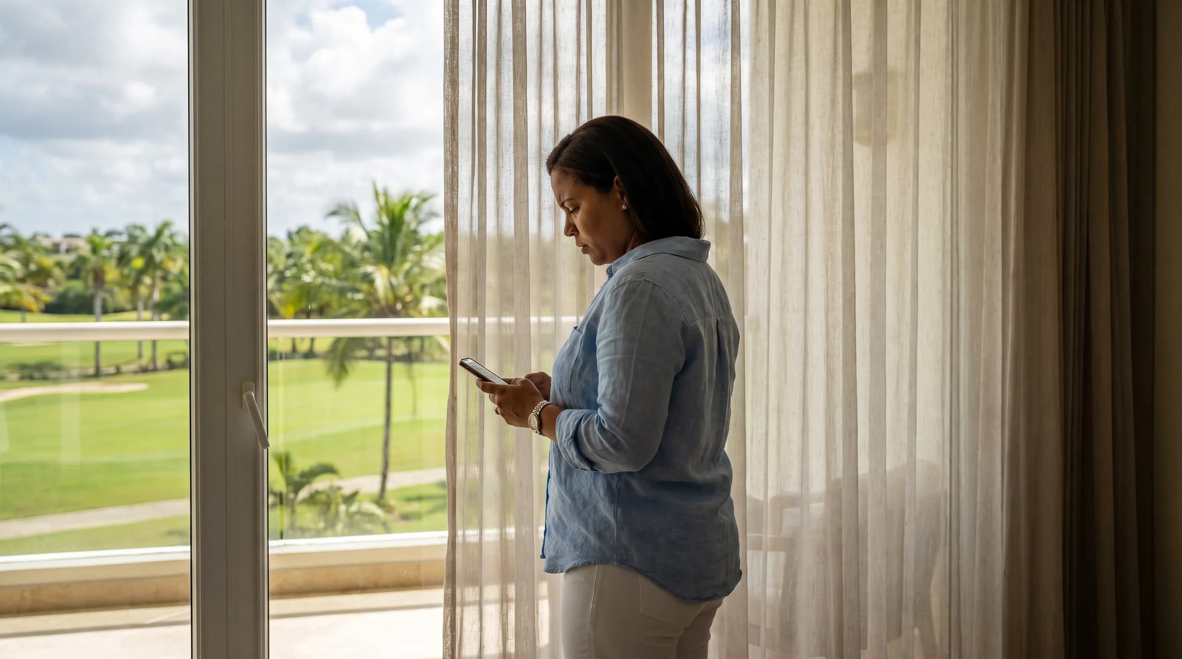 Mujer dominicana preocupada revisando costos en su teléfono mientras observa el campo de golf desde su apartamento en Cap Cana