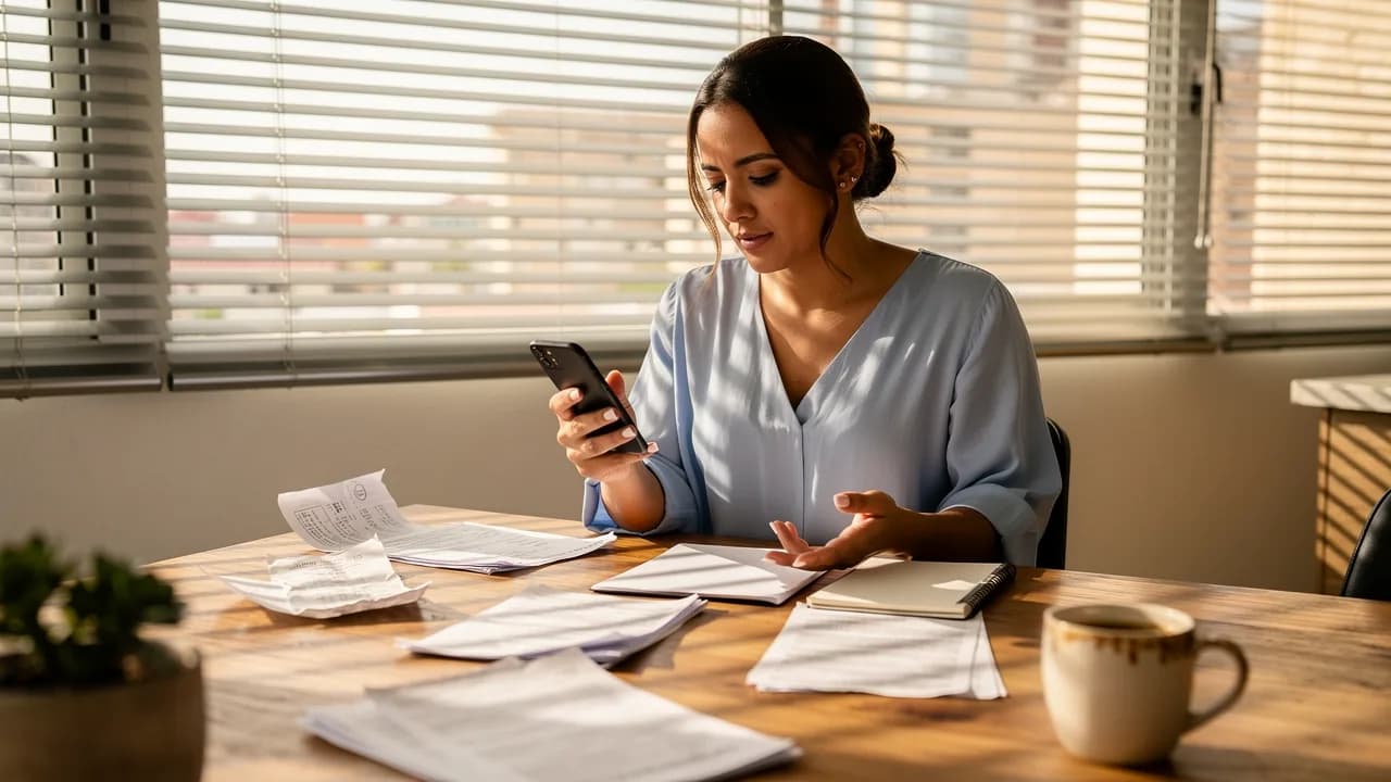 Mujer dominicana joven revisando estados de cuenta bancarios y recibos de alquiler en la mesa de su cocina, contemplando la posibilidad de comprar su primera vivienda