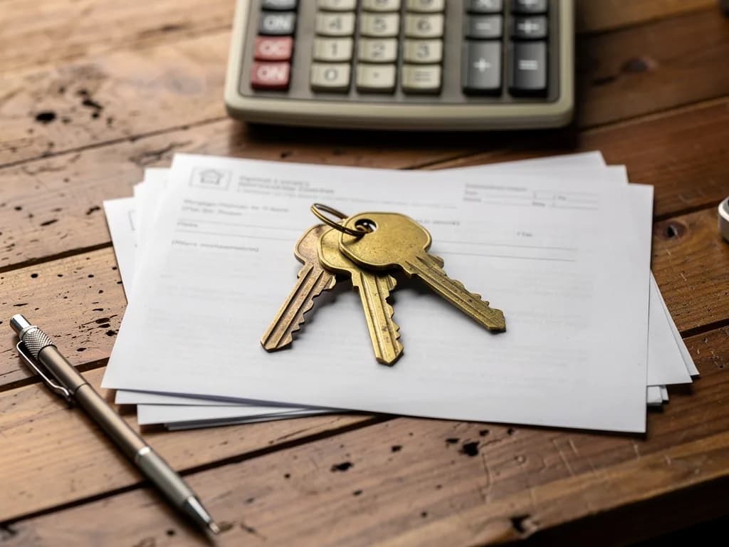 House keys on mortgage documents and folded rental contracts, symbolizing the transition from tenant to homeowner