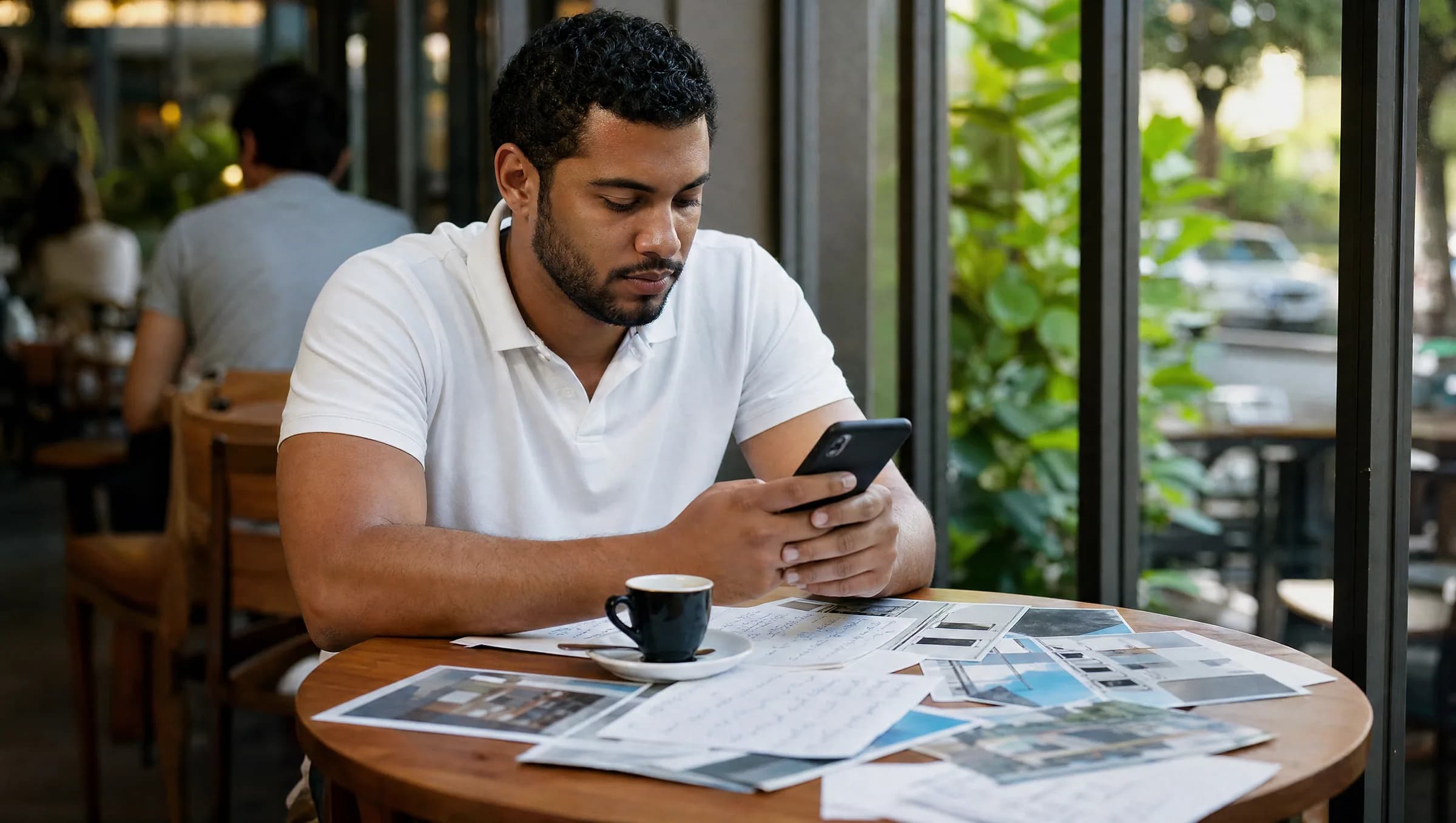 Hombre dominicano organizando información de propiedades desde su teléfono en un café de Santo Domingo, rodeado de notas y documentos inmobiliarios