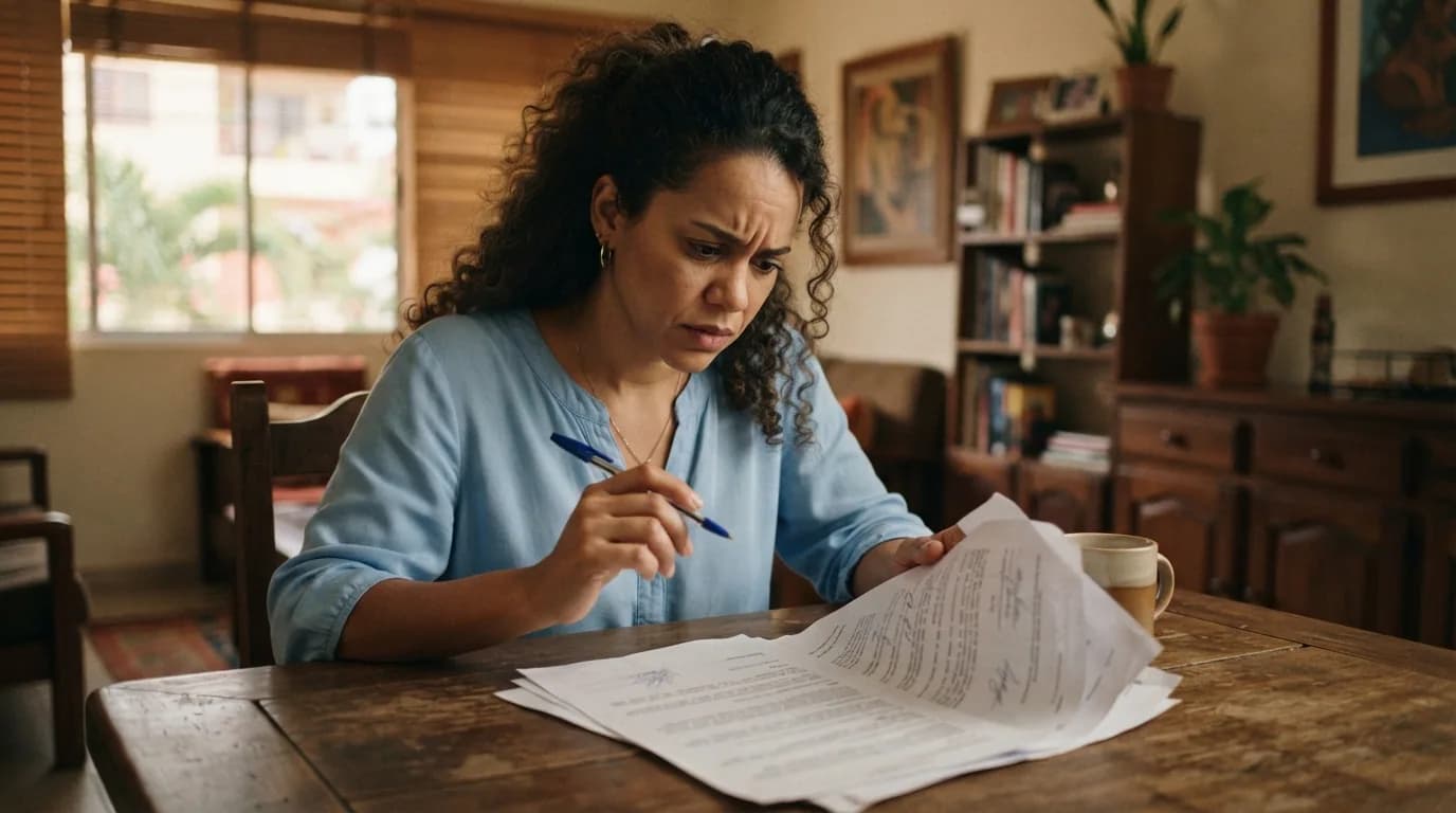 Mujer dominicana revisando contrato de alquiler con expresión de preocupación en su hogar en Santo Domingo