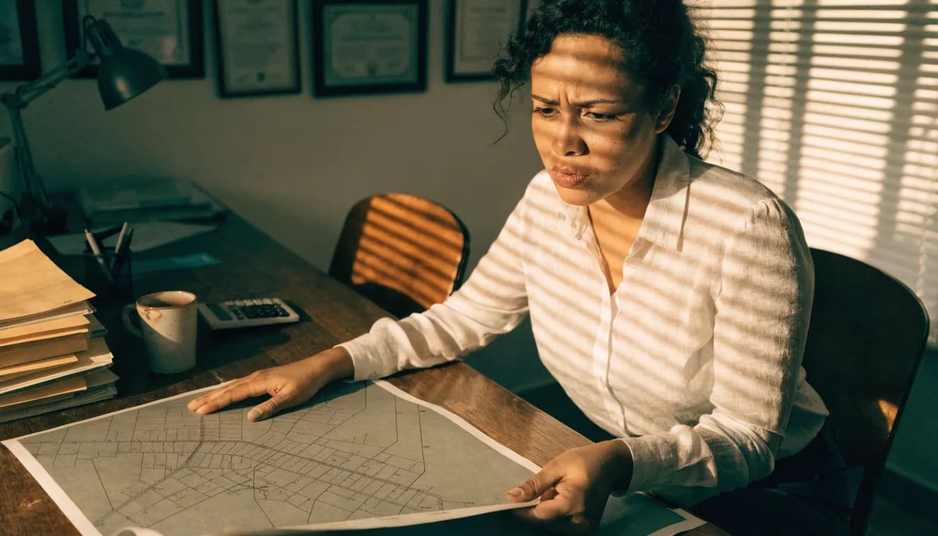 Mujer dominicana revisando documentos de título de propiedad y plano catastral en oficina inmobiliaria, mostrando la confusión común entre estos dos documentos legales
