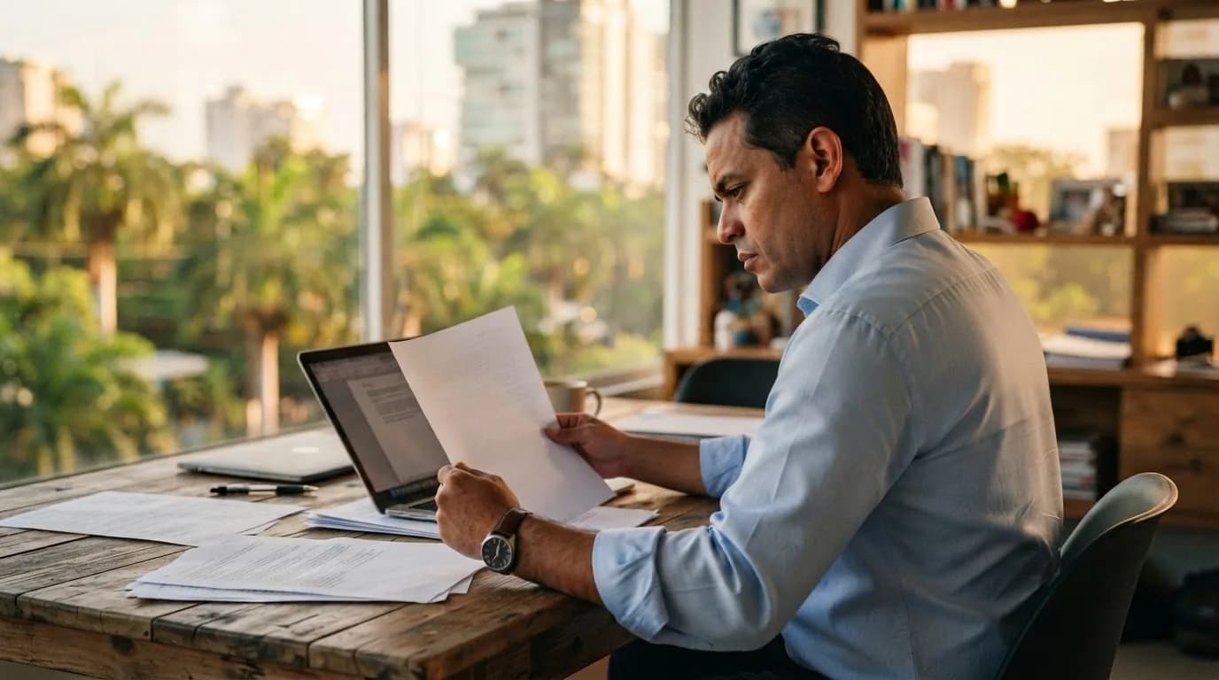 Hombre dominicano revisando documentos importantes en una oficina moderna, preparándose para comprar propiedad desde el exterior