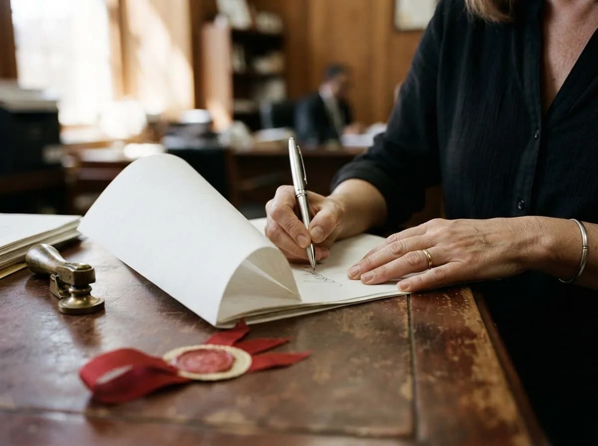 Manos firmando documentos legales con sello notarial sobre escritorio de caoba, representando la formalización de compra de propiedad