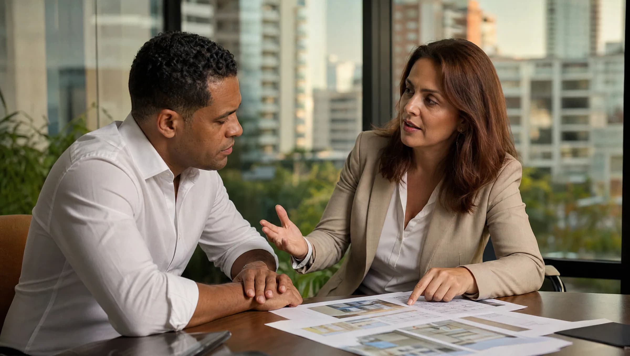 Agente inmobiliario dominicana explicando documentos de compra a comprador desde el exterior en oficina moderna de Piantini