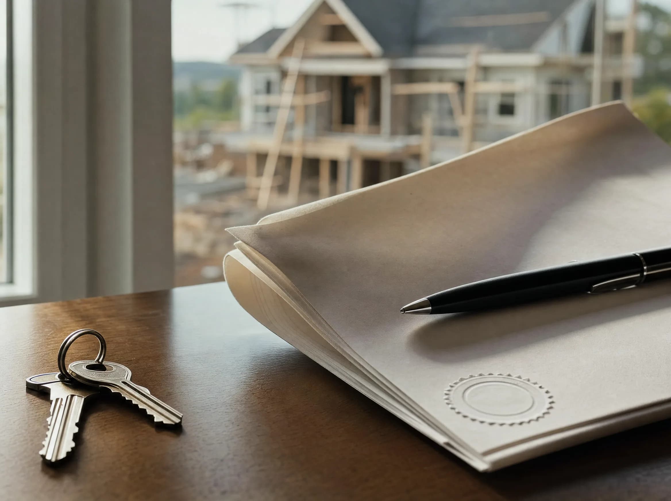 Close-up of a notarized purchase and sale contract with pen and house keys, essential documents for buying property in the Dominican Republic