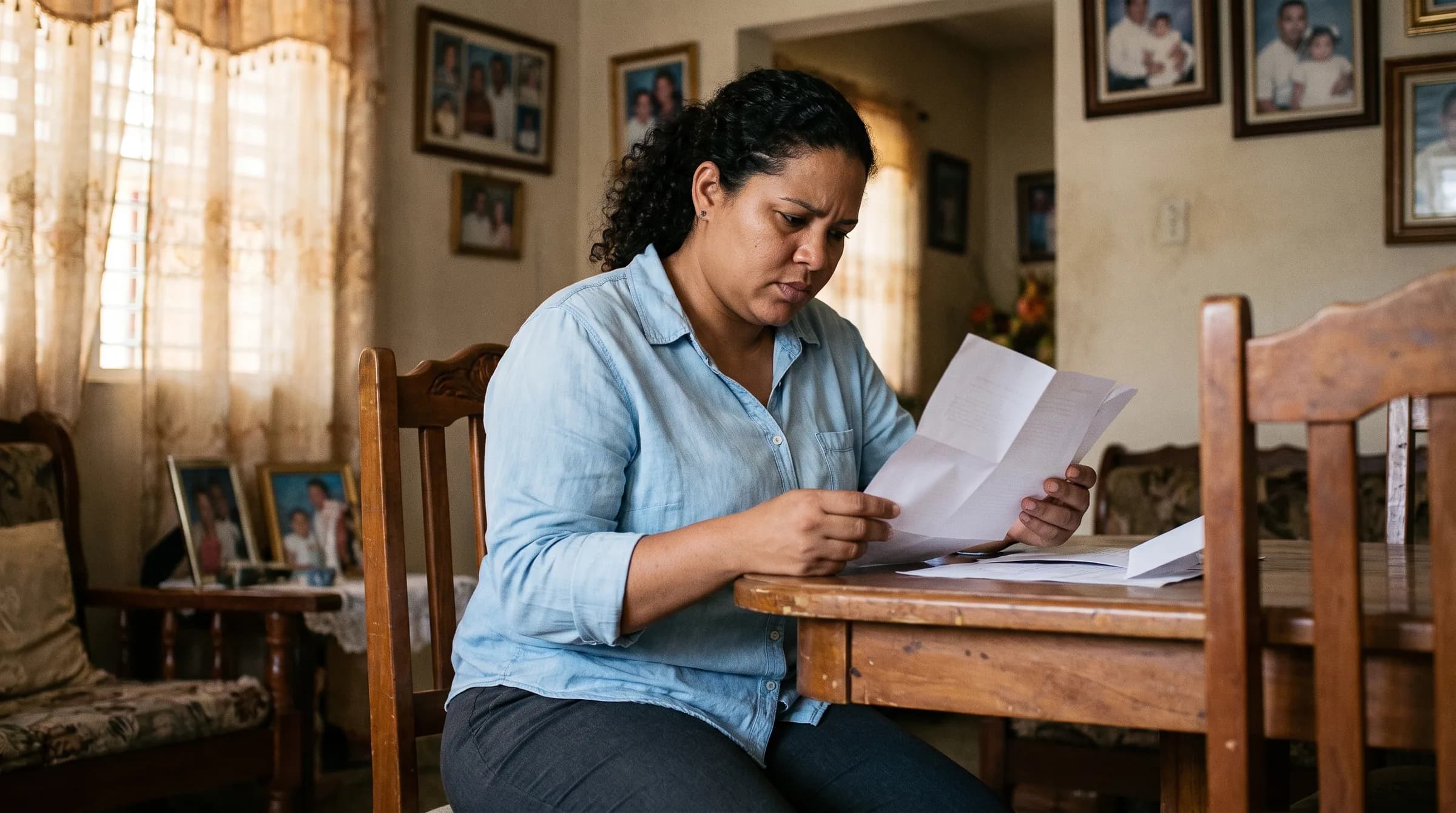 Mujer dominicana concentrada revisando documentos legales en su hogar, simbolizando la importancia de preparar correctamente las donaciones familiares