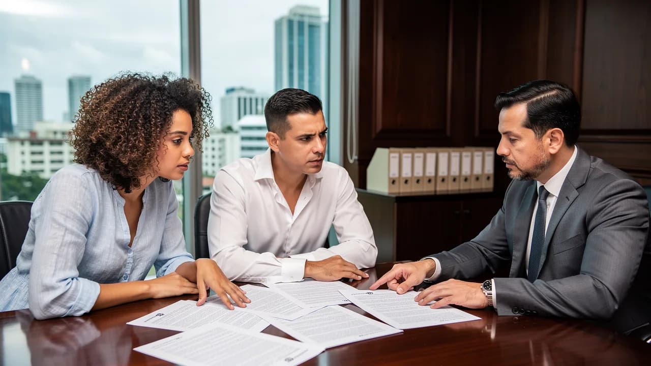 Pareja dominicana recibiendo asesoría legal de un abogado mientras revisan un contrato de compra de vivienda en una oficina en Santo Domingo