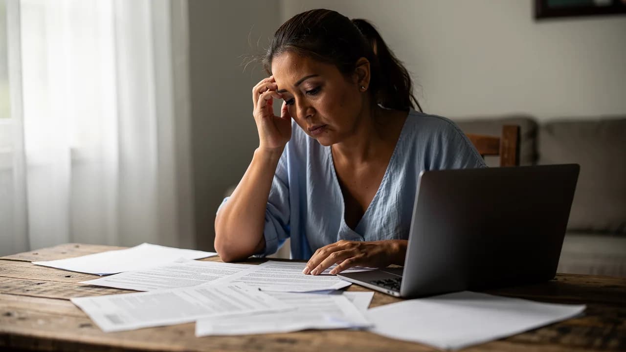 Mujer dominicana preocupada revisando documentos legales de desalojo en su mesa del comedor, expresando la ansiedad emocional del proceso