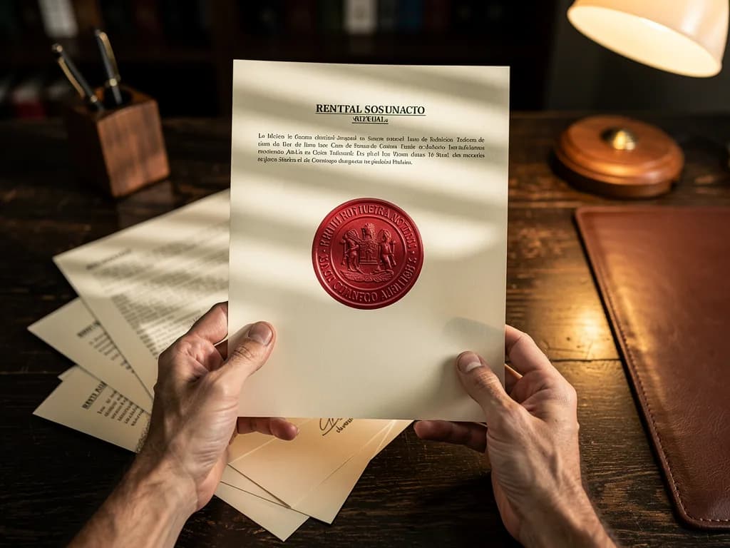 Primer plano de manos sosteniendo documentos legales oficiales con sello, representando la documentación necesaria para un proceso de desalojo legal