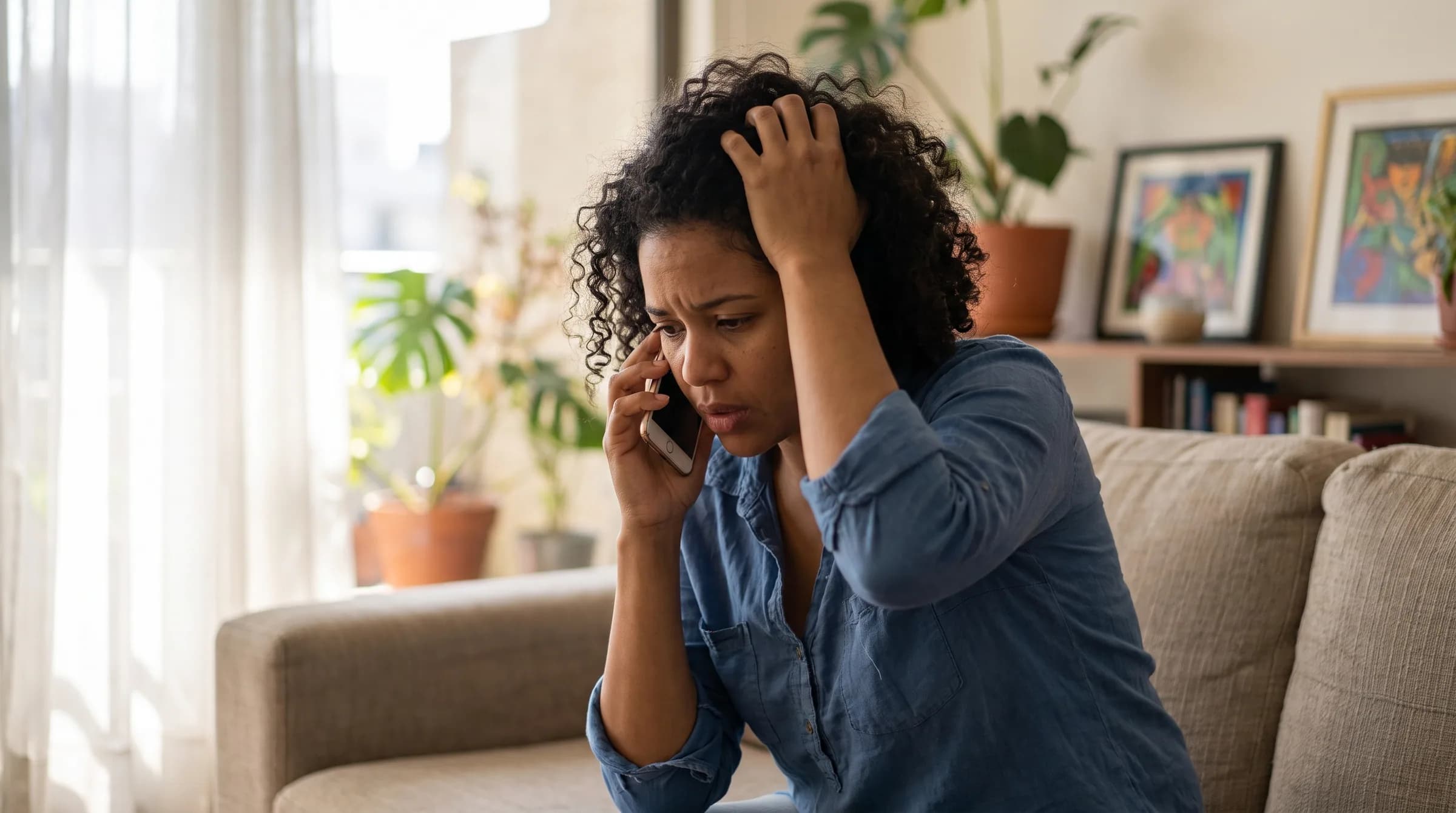 Mujer dominicana preocupada hablando por teléfono en su apartamento en Santiago mientras lidia con problemas bancarios por una transferencia inmobiliaria