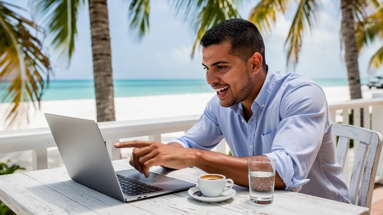 Comprador primerizo emocionado revisando proyectos inmobiliarios en su laptop en un café frente a la playa en Punta Cana